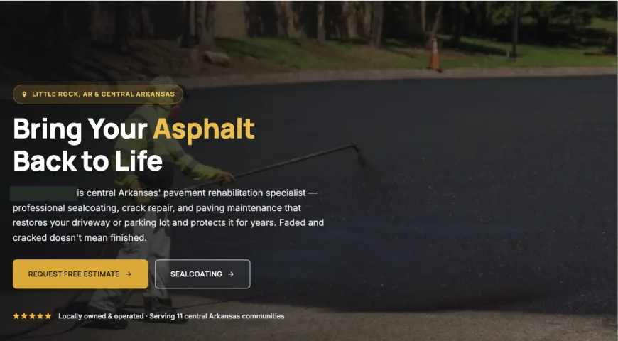 Cropped or redacted website screenshot: asphalt services website — little rock