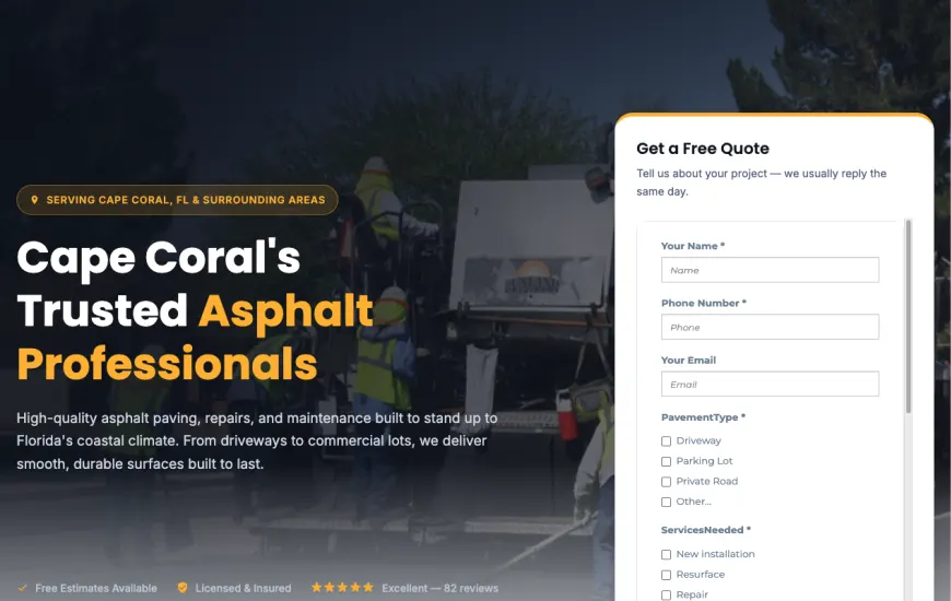 Cropped or redacted website screenshot: paving services website — cape coral